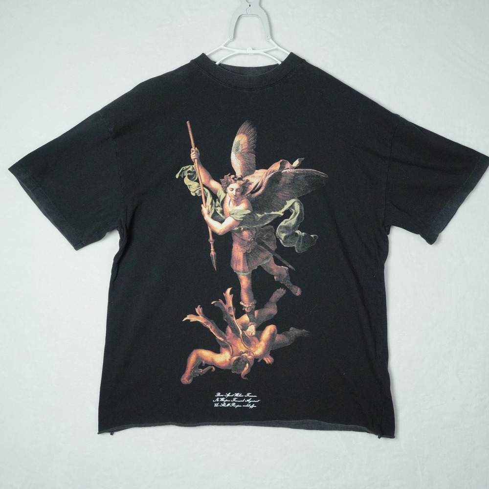 Darc Sport Wolves Saint Michael Graphic T-Shirt Black Raw Hem Medium 25/1000